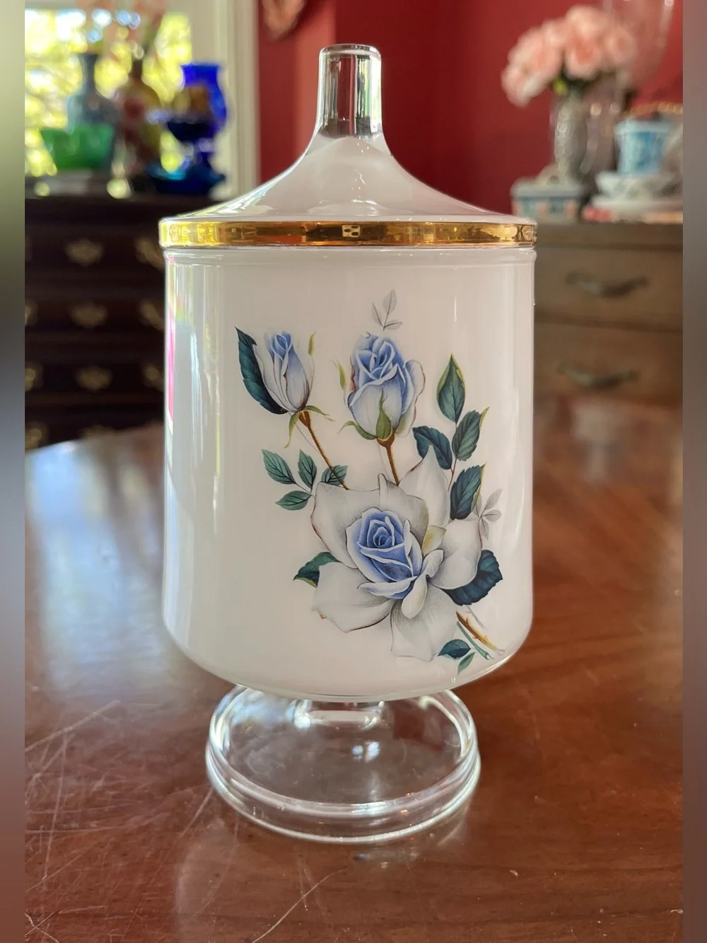 West Virginia Glass White Frosted Blue Roses Pedestal Apothecary Jar w Lid